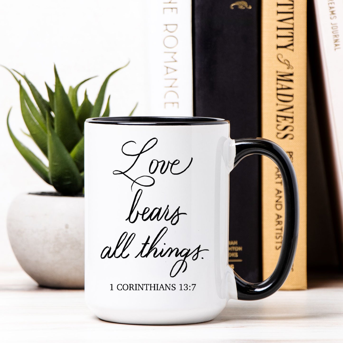 Love Bears All Things – 1 Corinthians 13 | 15 oz Black & White Mug