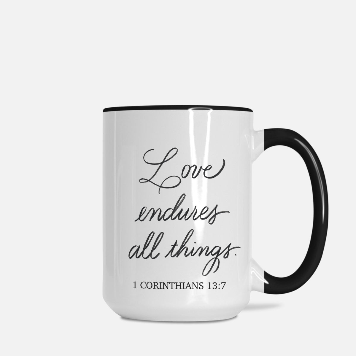 Love Endures All Things – 15 oz. Black & White Mug
