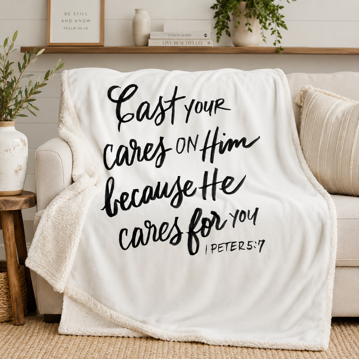 Cast Your Cares on Him | 1 Peter 5:7 Sherpa Blanket