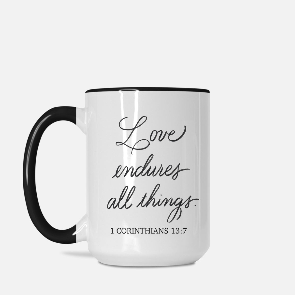 Love Endures All Things – 15 oz. Black & White Mug