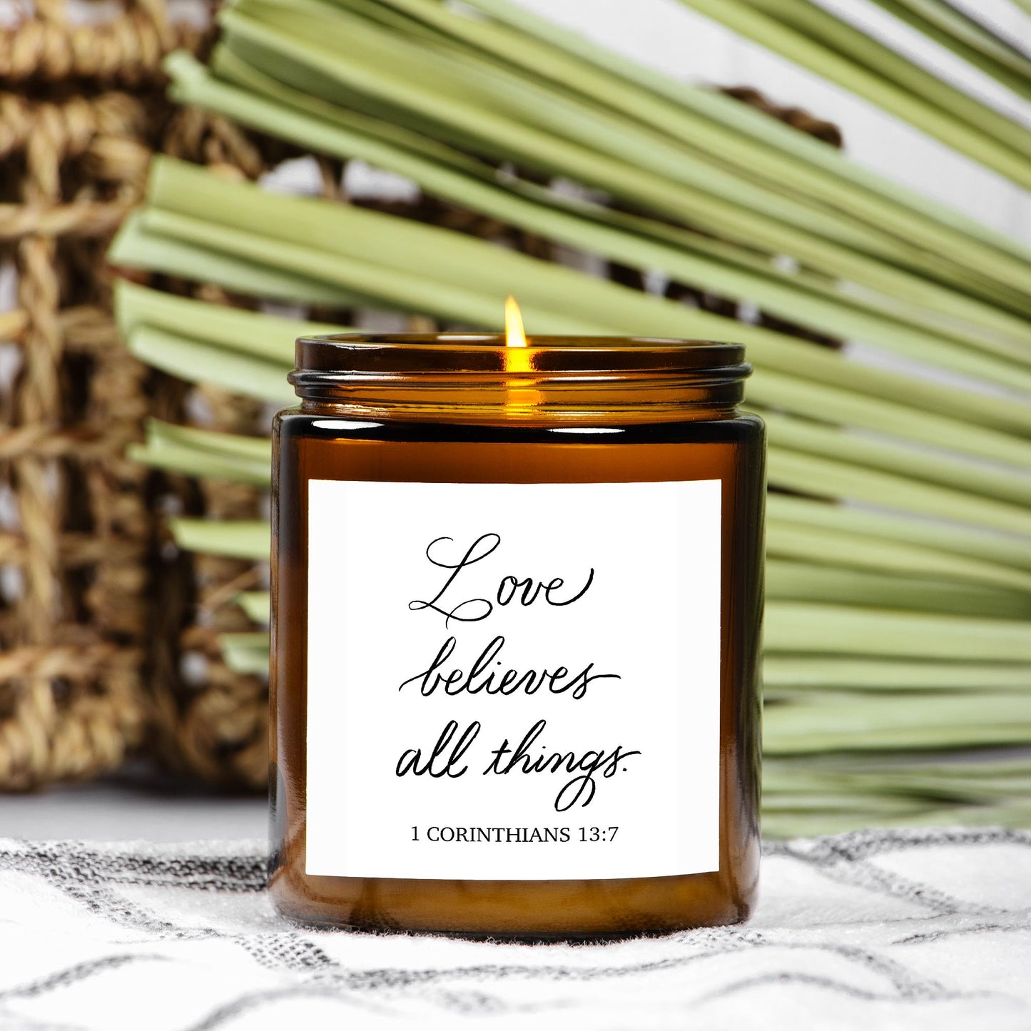 Love Believes All Things – 1 Corinthians 13 Candle (9 oz Amber Jar)
