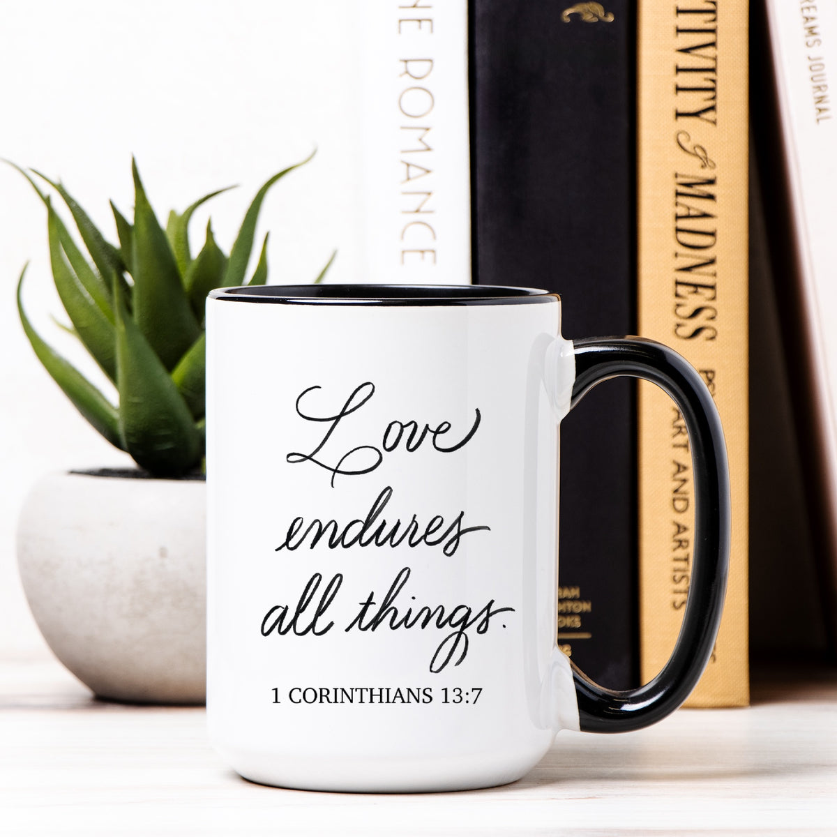 Love Endures All Things – 15 oz. Black & White Mug