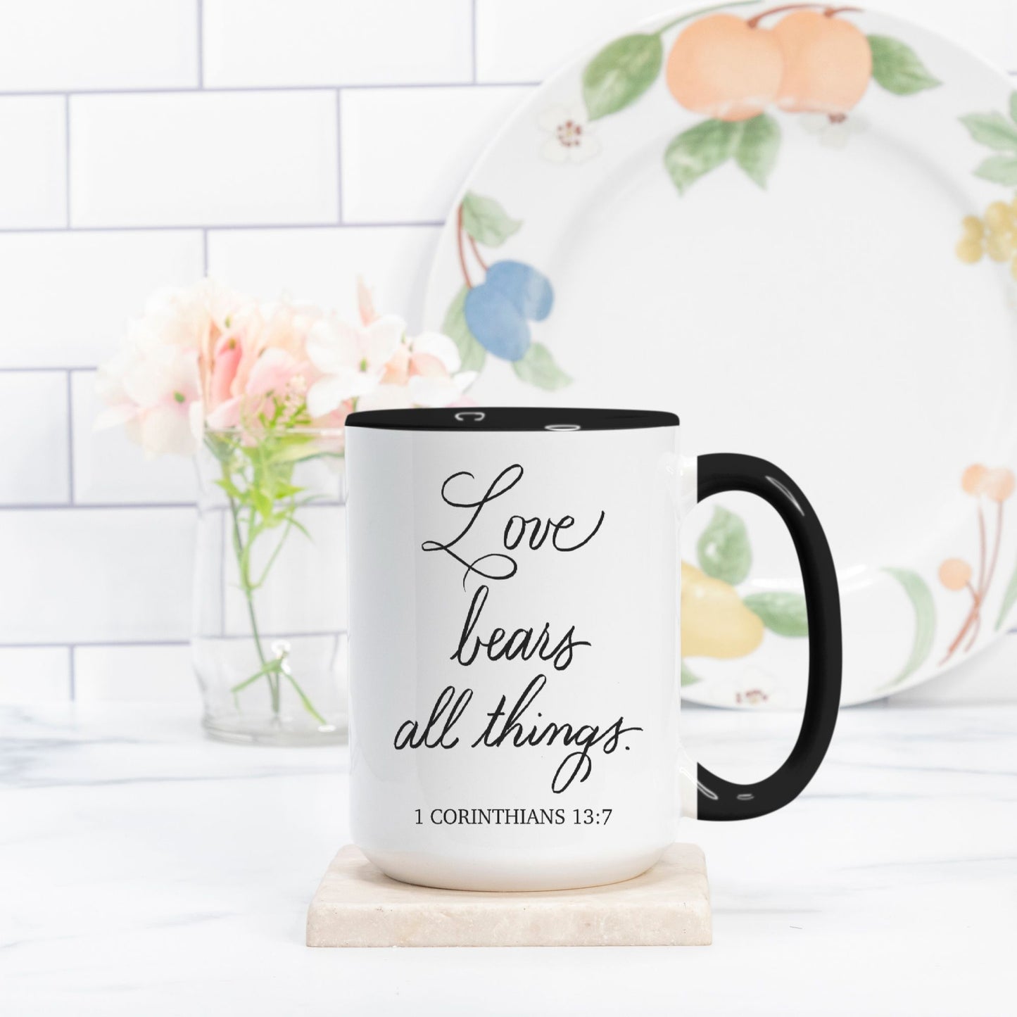 Love Bears All Things – 1 Corinthians 13 | 15 oz Black & White Mug