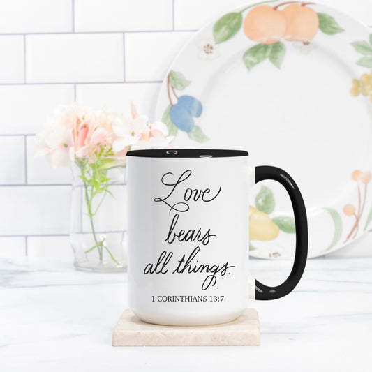 Love Bears All Things – 1 Corinthians 13 | 15 oz Black & White Mug