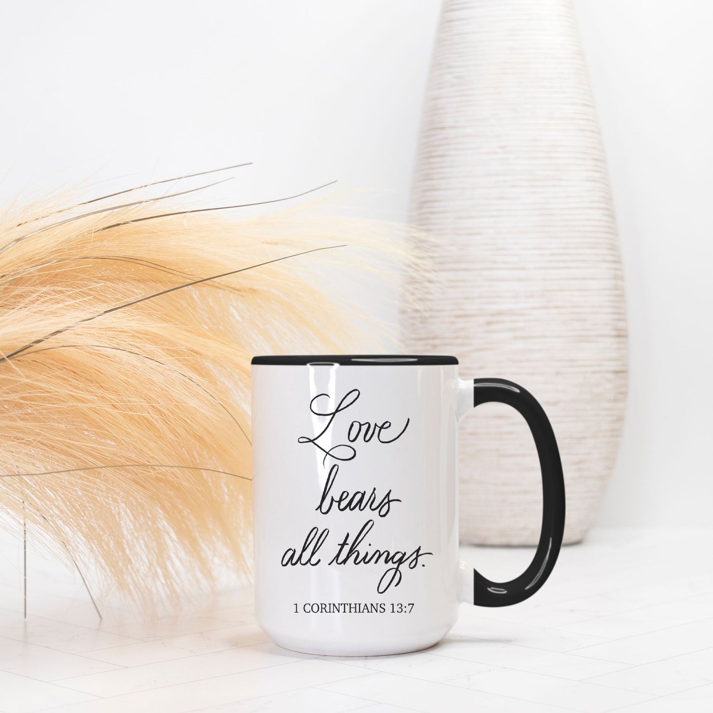 Love Bears All Things – 1 Corinthians 13 | 15 oz Black & White Mug