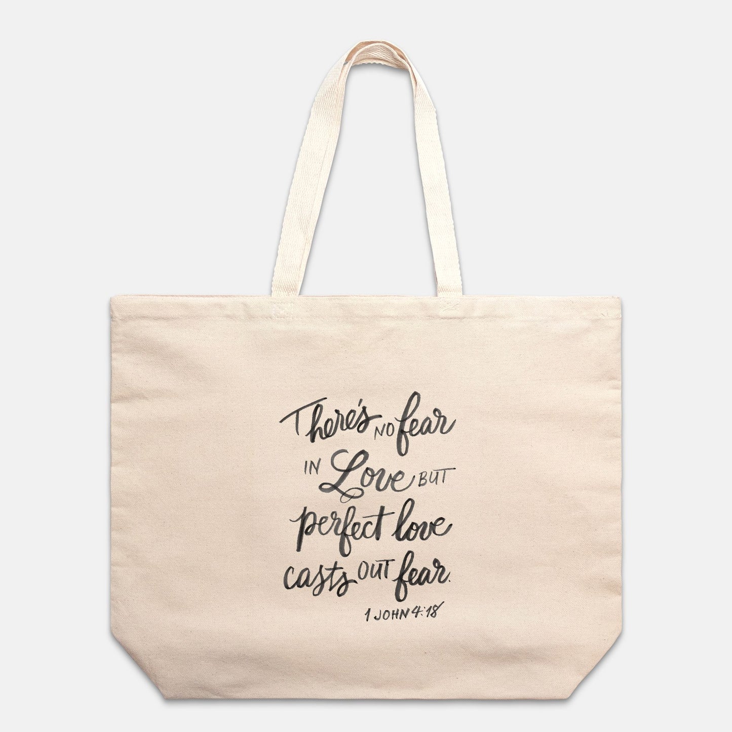 Canvas Oversized Tote Bag – “Perfect Love Casts Out Fear” | 1 John 4:18 Scripture Tote
